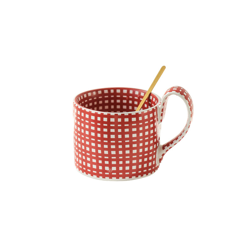 Large capacity ceramic cup with geometric checkered pattern.