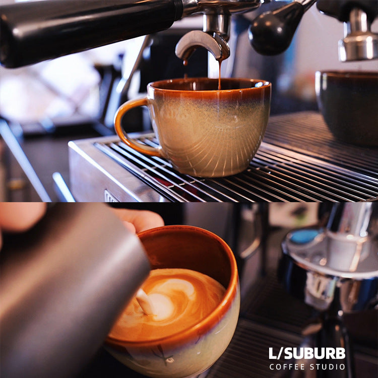 Coffee cup with latte art, Japanese ceramic cup.