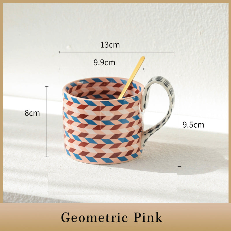 Large capacity ceramic cup with geometric checkered pattern.