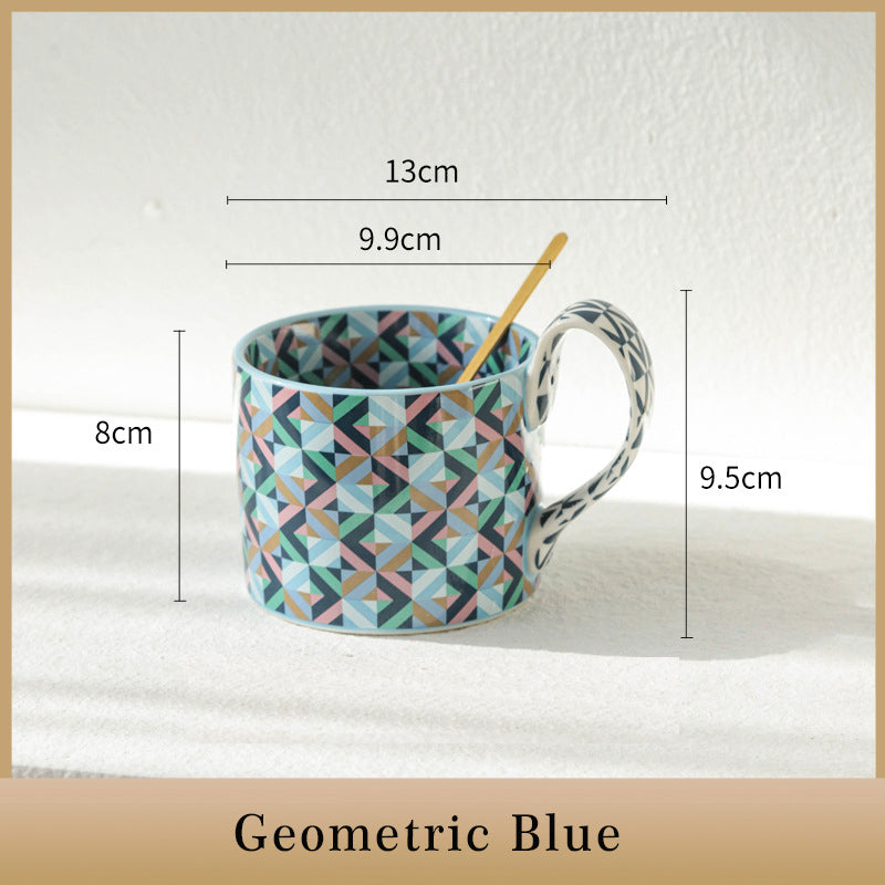 Large capacity ceramic cup with geometric checkered pattern.